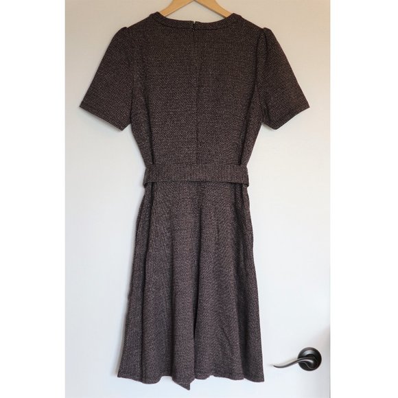Black, Gray, and Plum Houndstooth Short Sleeve Fit and Flare Dress with Belt - Picture 2 of 11